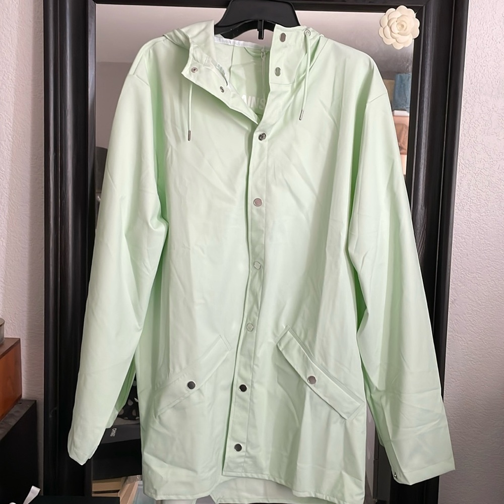 NEW RAINS Mineral Green Waterproof Hooded Rain Windbreaker Jacket Coat XL